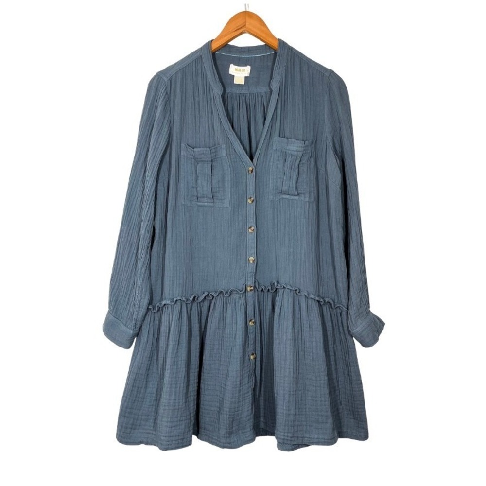 Maeve Anthropologie Blue Cotton Gauze Tiered Button Front Mini Dress 8P Womens